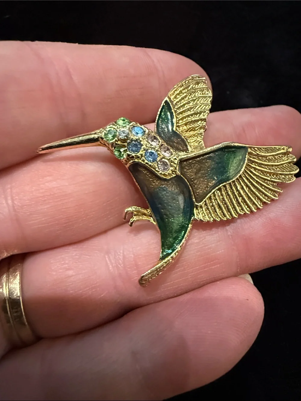 SFJ Gold Tone Hummingbird Brooch with Blue Green Enamel and Rhinestones. - Picture 4 of 4